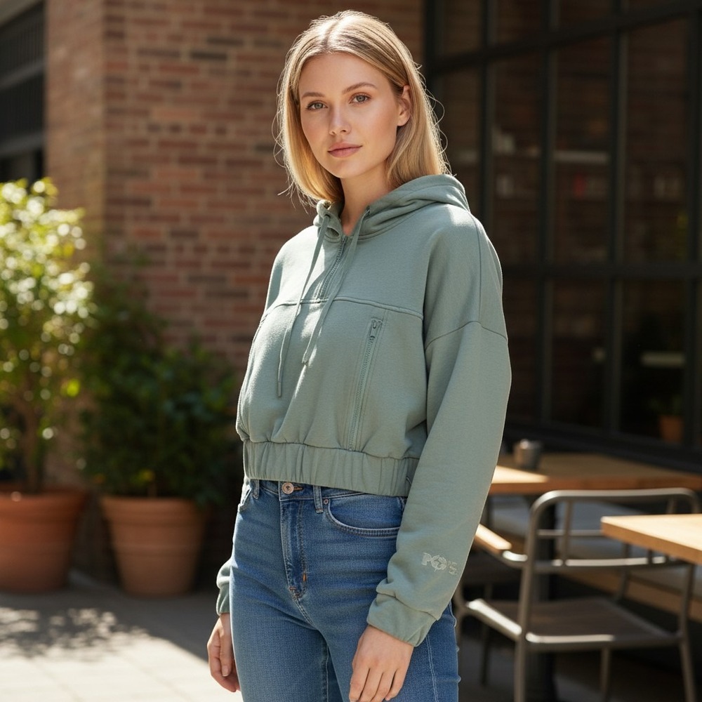 POPFLEX Cropped Hoodie Womens S Sage Green Quarter Zip Athleisure Streetwear